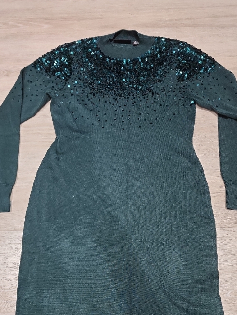 Nina Leonard Dark Green Sequin-Yoke Long Sleeve Knit Dress Small - Picture 3 of 5